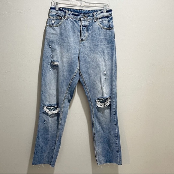 Avec Les Filles Denim - AVEC LES FILLES Women’s Medium Wash Distressed Straight Leg Rigid Jeans Size 29